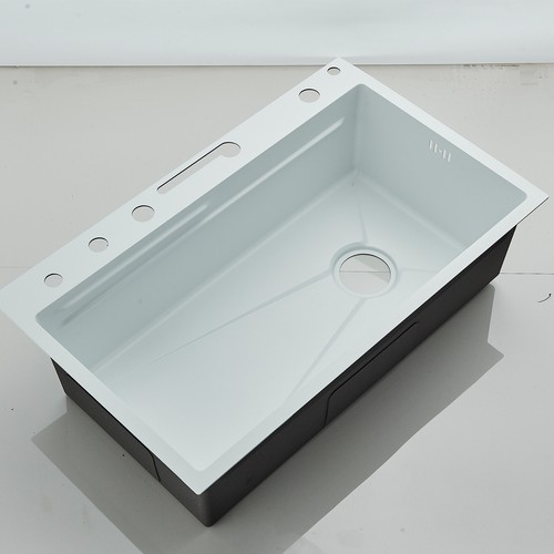 Küchenspüle Wasserfallspüle Weiß versenkbarem Wasserhahn Edelstahl SpülbeckenSet - Bild 20 von 21