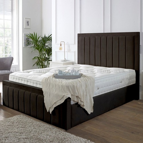 New Manor Panel Plush Velvet Upholstered Bed Frame with Storage and Mattress - Picture 15 of 19