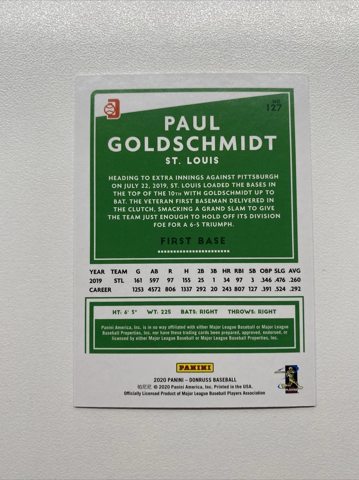 2020 Donruss Photo Variation One Hundred /100 Paul Goldschmidt Gray Jersey Retro - Image 2 of 2
