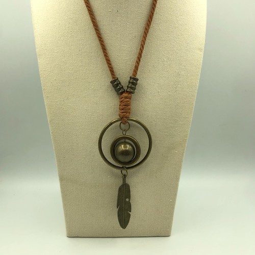 Long Feather Pendant Necklace Bronze Tone on Cord Festival Boho Retro Tribal - Picture 3 of 13