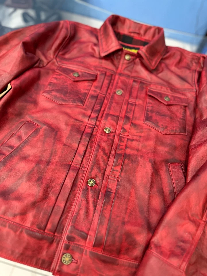 Mens Red Distressed Leather Bikers Trucker Jacket,  Leather Jacket - Image 2 of 4