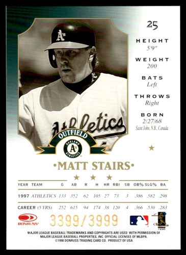 1998 Leaf Fractal Foundations Matt Stairs 3399/3999 Oakland Athletics #25 - Picture 2 of 2