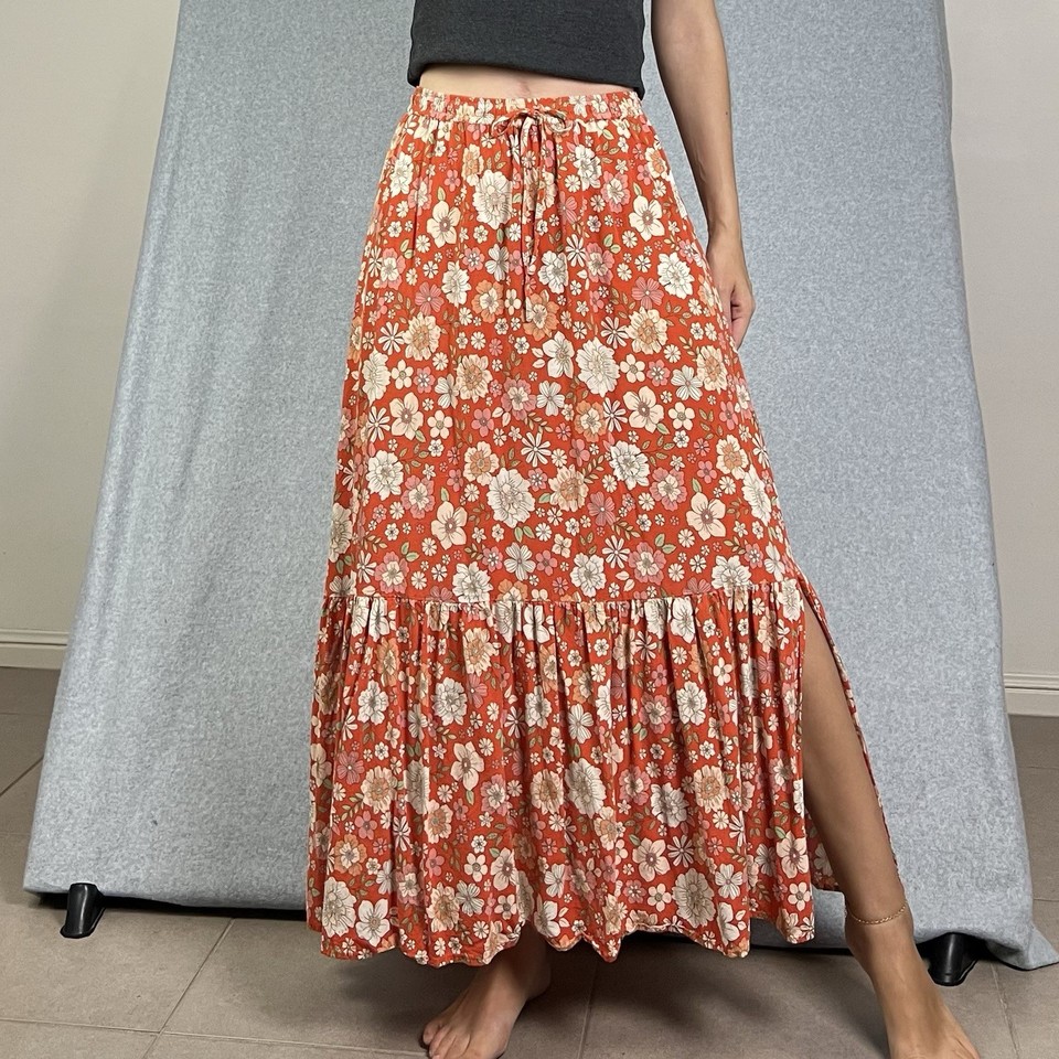 Floral Maxi Skirt Womens 10 Orange Flowers High Waisted Slit Boho Hippie Summer