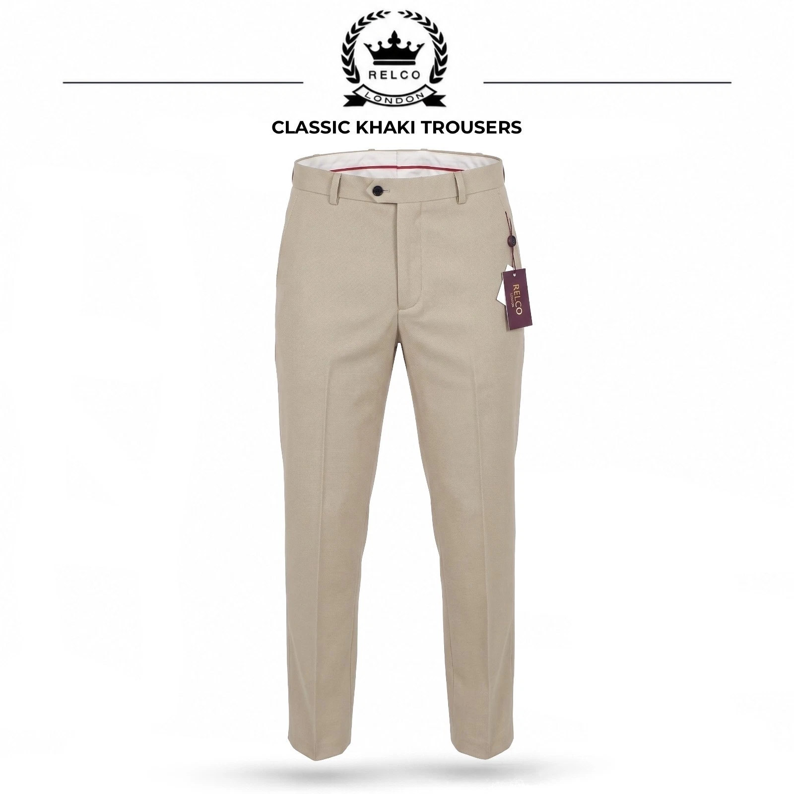 Relco Mens Khaki Stay Press Classic Trousers Vintage Mod Retro Sta Pressed Prest