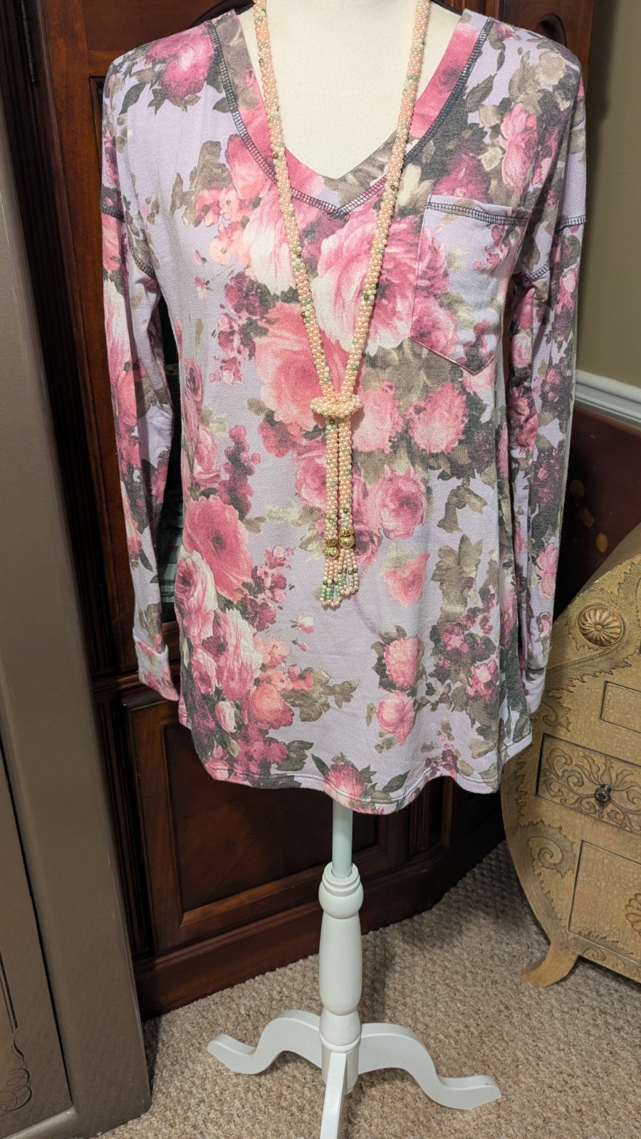 New Sew in Love Womens Top Long Sleeve with pocket Rose Design Small