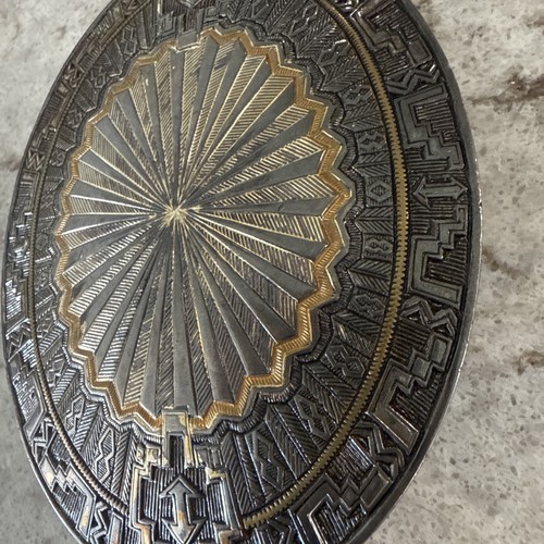 Crumrine Western Belt Buckle Aztec Silver Plate On Bronze Southwest 4 In Wear - Imagen 11 de 13