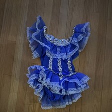 Girls Blue Sleeveless Dance Dress Size L with Ruffles and Lace Trim