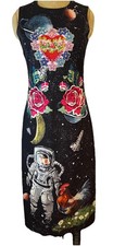 Moonaa Liisaa Space Theme W/floral Embroid/rhinestones Black Maxi Sheath L