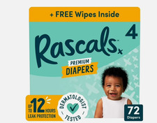 Rascals Premium Absorbent Baby Diapers Size 4, 72 Count