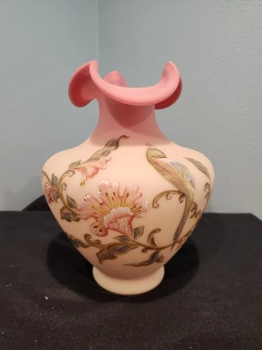 FENTON LIMITED LARGE BURMESE GLASS PLEATED VASE w BLUEBIRD & FLORAL DRESIGN