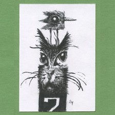 ACEO art card original pen and ink drawing pop surreal Ink Cat 36 Tim Olly