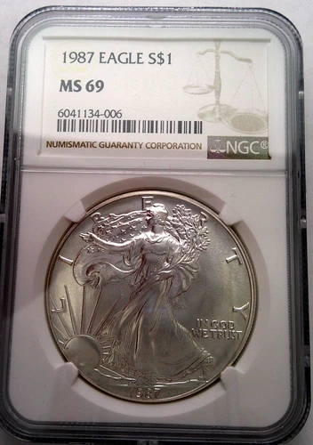 1987 AMERICAN SILVER EAGLE DOLLAR 1 OZ NGC MS69 BROWN LABEL