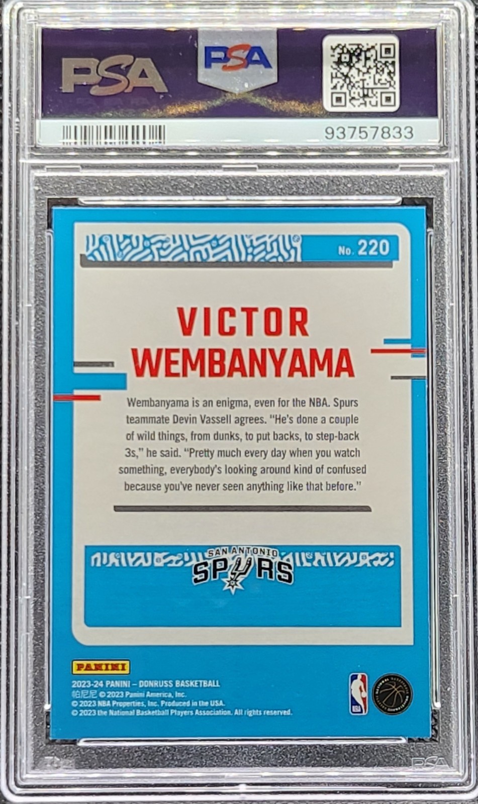 2023-24 Panini Donruss Victor Wembanyama Rated Rookie #220 PSA 10 GEM MINT Spurs view 2