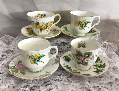 English Bone China Mix Match Yellow Flowers Tea Cup & Saucer 4 Sets Tea Party