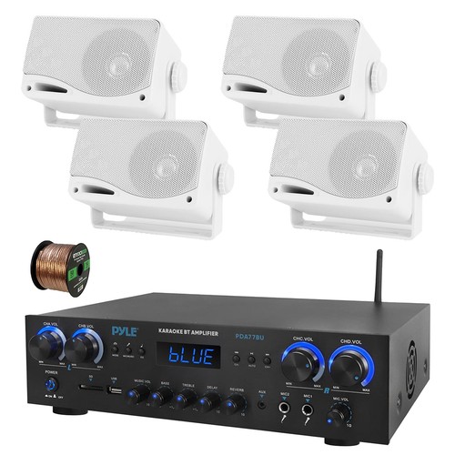 Pyle PDA77BU 4 Canales Home Audio Receptor Bluetooth, 4x 3.5" Altavoz Blanco, Cable