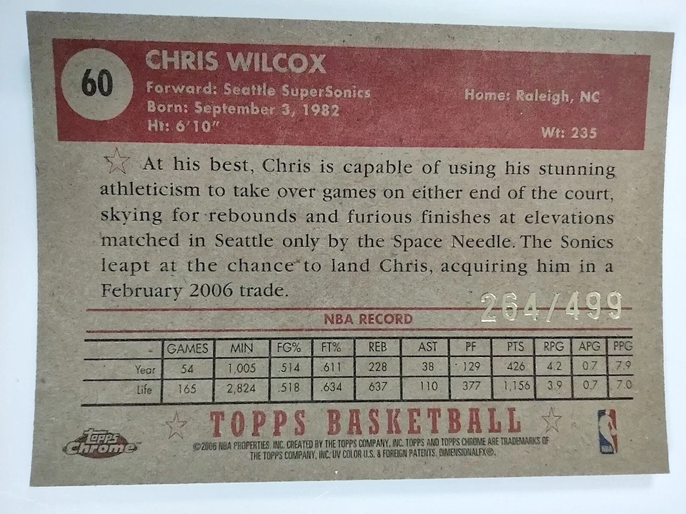 2005-06 Topps 1952 estilo cromo #60 Chris Wilcox 264/499 Seattle Supersonics Foto 4 de 4