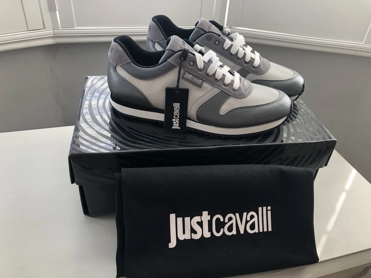 Just Cavalli Gunmetal Grey Leather Sneakers Trainers
