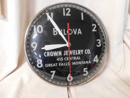 1950s Bulova VTG 15" Advertising Jeweler Light-Up Wall Clock Glass Bubble Cover