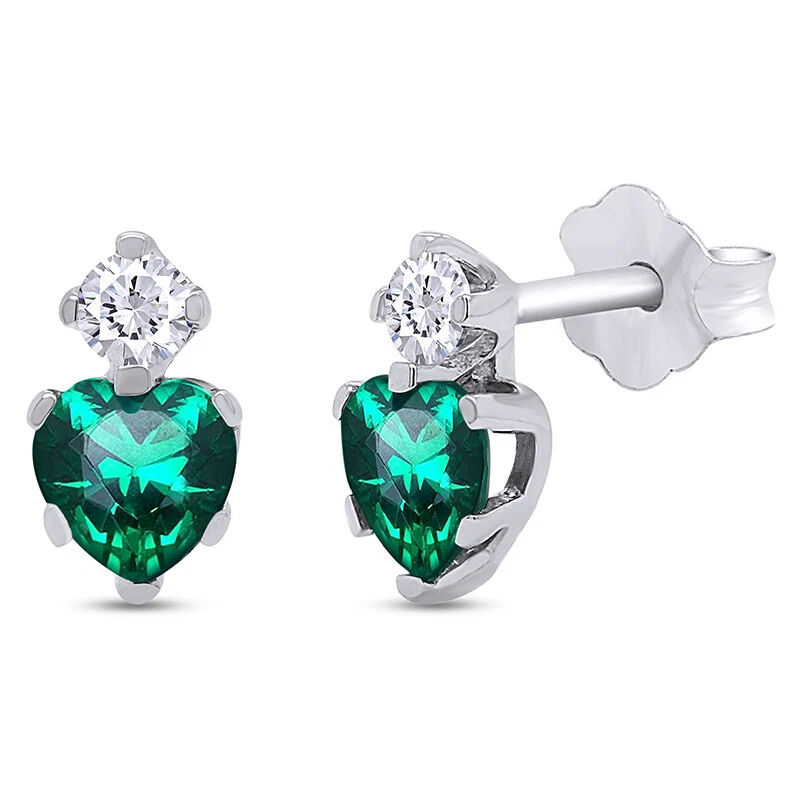 Emerald & CZ Heart Drop Earrings in Sterling Silver | Ruby & Oscar