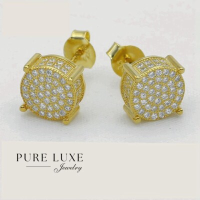 Men's Sterling Silver 925,Cubic zirconia 7mm Earring Unisex Gold plated.Box