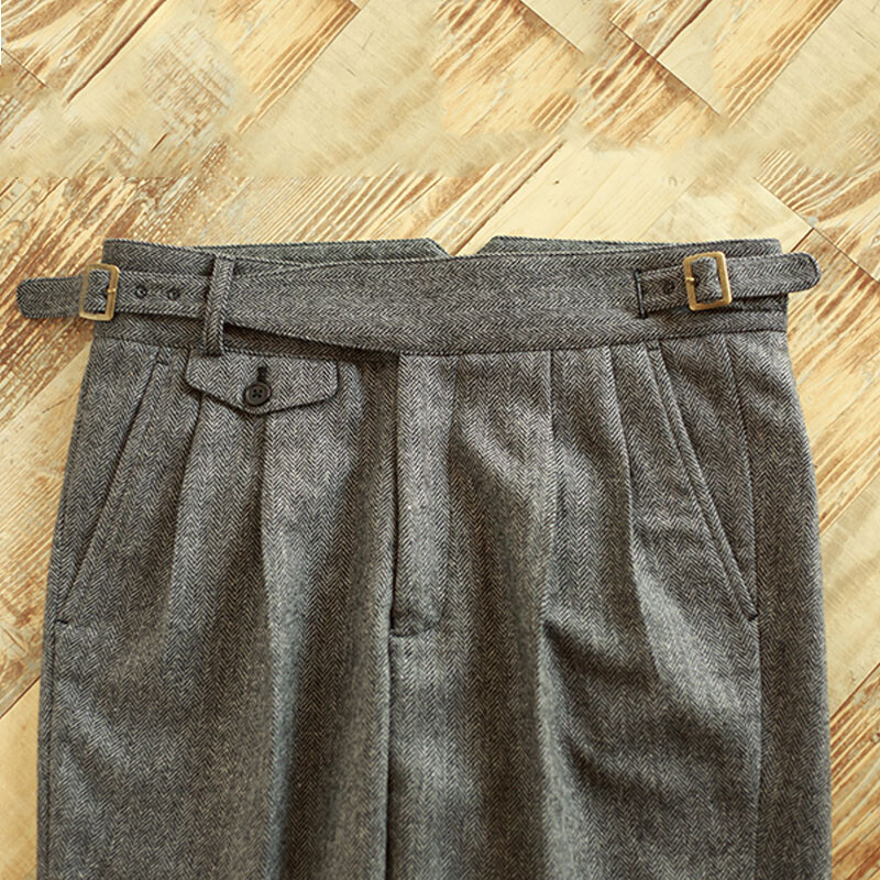 Men Wool Blend Herringbone Pants Retro Tweed Straight Leg Dress Trousers Warm