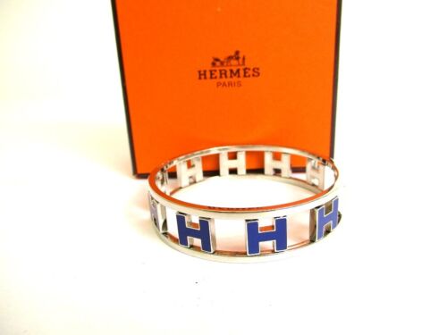 Authentic HERMES Silver Plated Blue Bracelet Reversible H Bangle #9836 - Picture 1 of 12