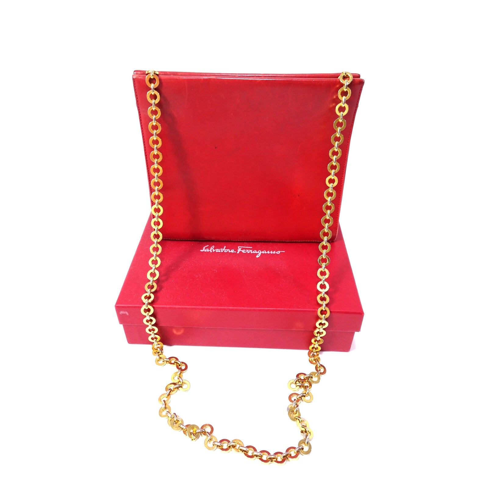 Salvatore Ferragamo VINTAGE RED leather Gold Gancini Link Chain Purse bag image 9