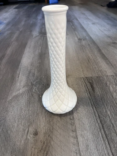 9 Inch Flower Bud Vase Vintage Hoosier Glass #4092 Milk Glass Quilted Diamond