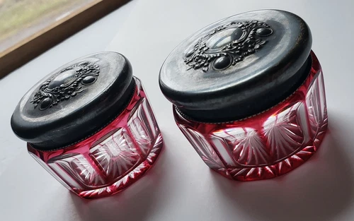 2 Antique Reed & Barton Glass & Sterling Silver Vanity Jars, Ruby Cut To Clear