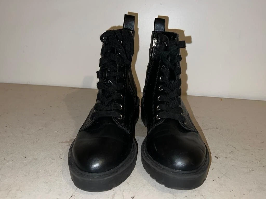 NEW LOOK LADIES BLACK LEATHER LACE ZIP UP CHUNKY ANKLE BOOTS UK 1 EUR 33 BT088