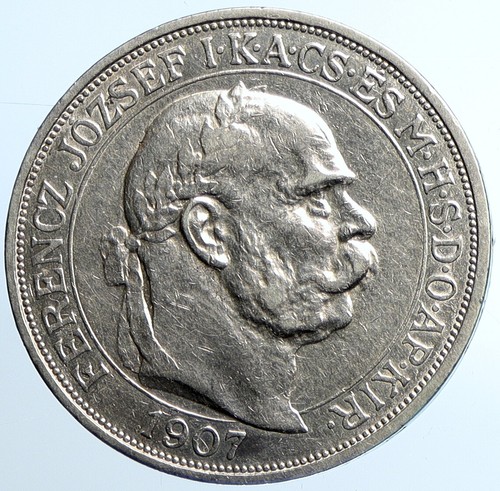 1907 HUNGARY King Franz Joseph I 40Y CORONATION Old Silver 5 Korona Coin i109795 - Picture 2 of 3