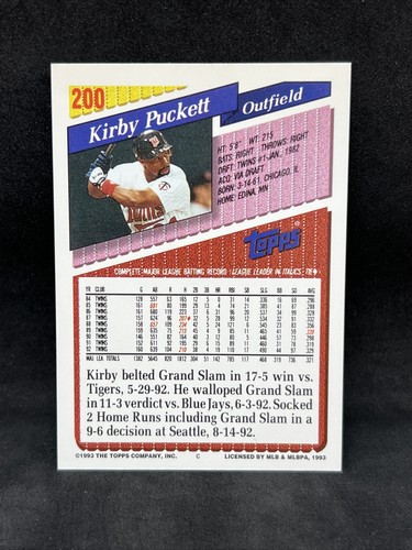 Kirby Puckett 1993 Topps #200 Minnesota Twins - Picture 2 of 2