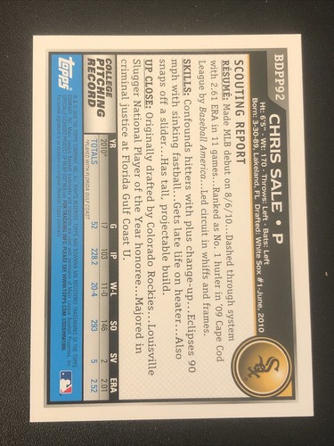 2010 Bowman Draft Chris Sale #BCPP92 Rookie - 第 2/2 張圖片