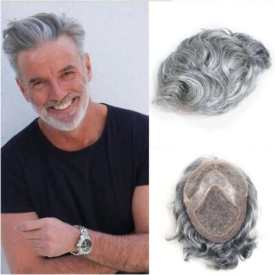 Grey Hair Wigs Lace Men Toupee Skin PU 8*10 Hair System Remy Virgin Hair  Human