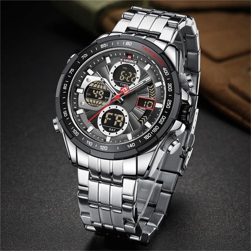 NAVIFORCE Men Watches Dual Time Steel Stopwatch Male Business Digital Wristwatch - Picture 2 of 32