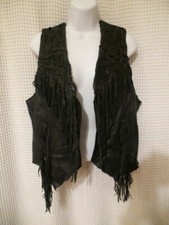 Vicki Love Designs Handmade Black Leather Fringe Vest L