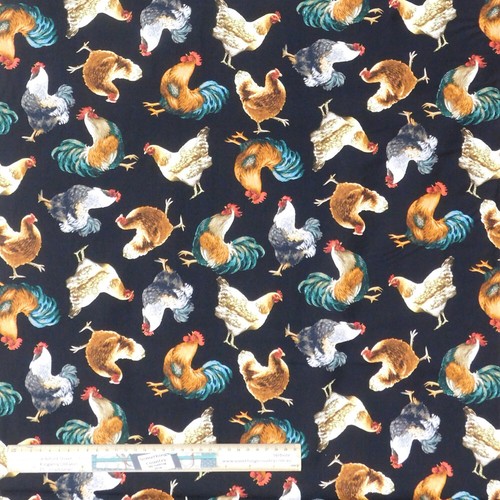 Quilting Patchwork Sewing Fabric Roosters on Black Allover 50x55cm FQ - Picture 2 of 4