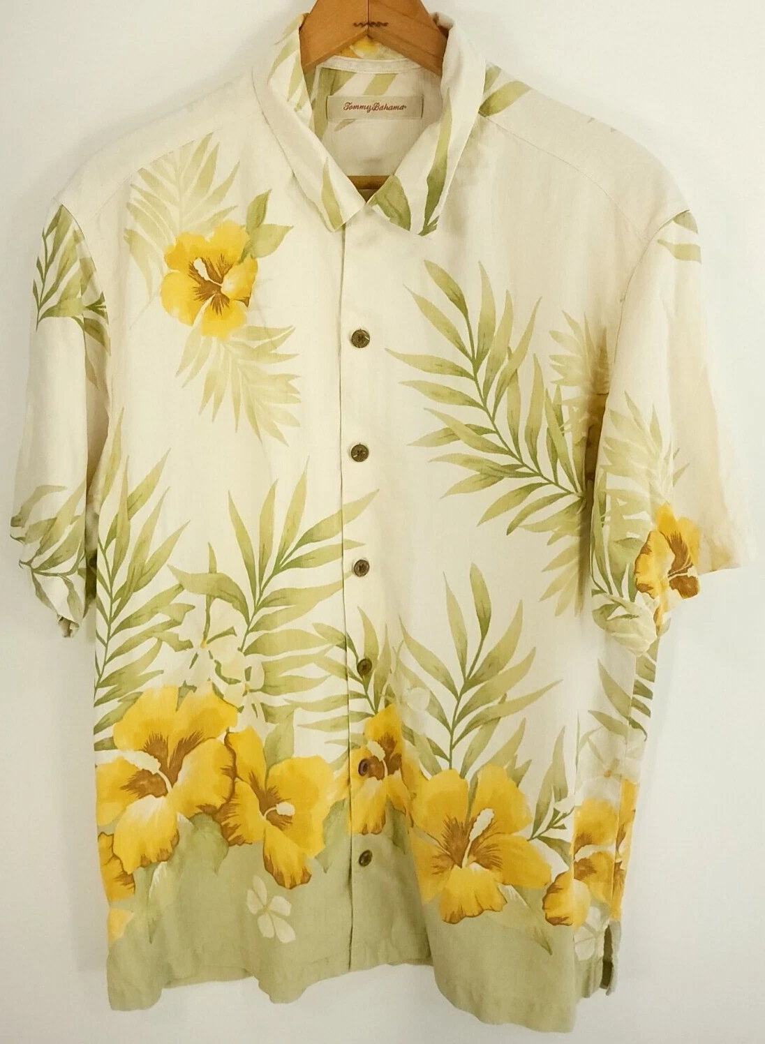 Tommy Bahama Button Front Hawaiian Shirt Men's L Cream Yellow Silk Floral Print