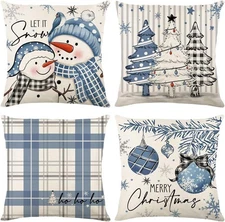 4Pcs Blue Christmas Pillow Covers 18x18in Snowman Tree Winter Holiday Decor