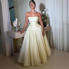 Exquisite Evening Dresses Pleat A-line Gown Strapless Long Satin Wedding Dresses
