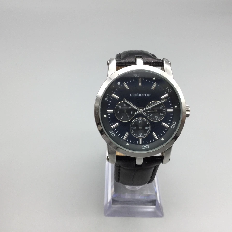 Часы мужские Claiborne 42 мм серебристые день дата кожа CLM1005 новый аккумулятор - Изображение 2 из 4