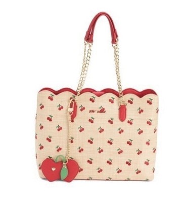 Betsey Johnson Straw Tote Embroidered Cherry Purse with Bag Charm NEW 14x11x5