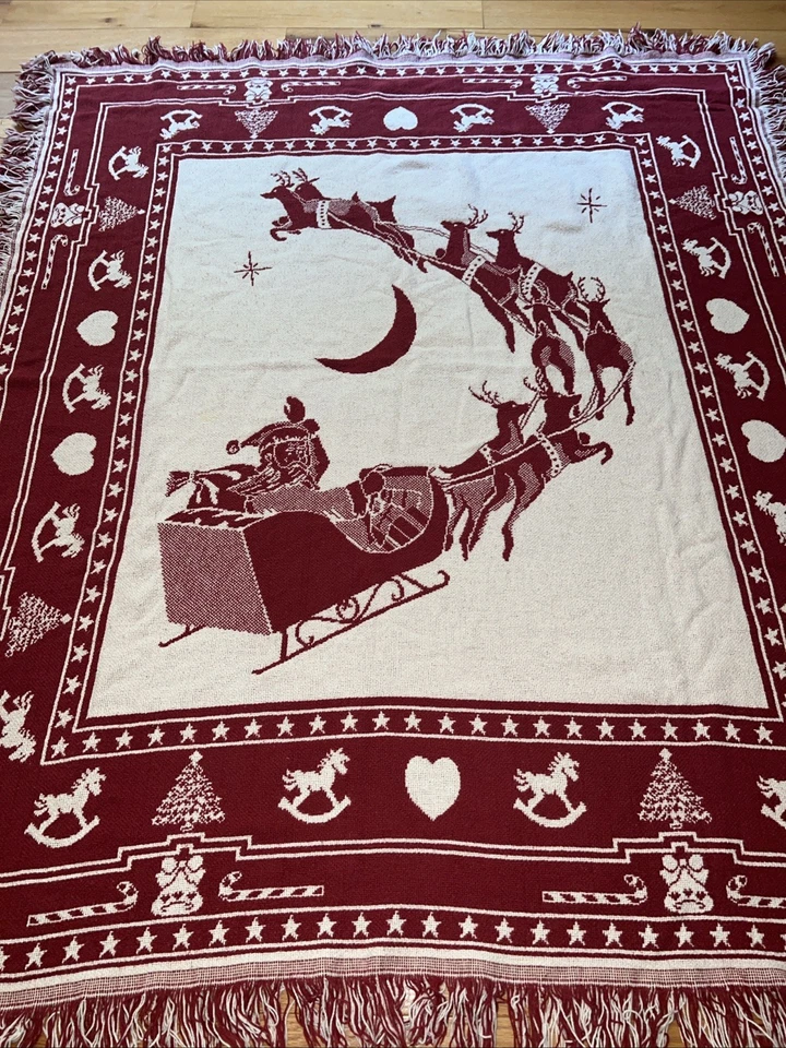 Manta de Navidad de Colección Tiro Rojo Blanco Tejido Santa Trineo Flecos Hecha en EE. UU. Foto 4 de 4