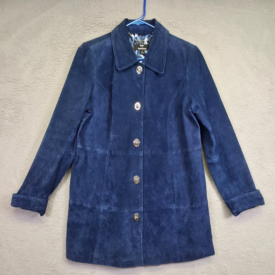 Abrigo Dennis Basso Mujer S Azul Gamuza Cuero Dinero Minimalista Elegante Clásico Foto 3 de 4