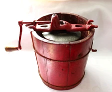Antique Red Wood Hand Crank Rare 1 Qt Ice Cream Maker complete works