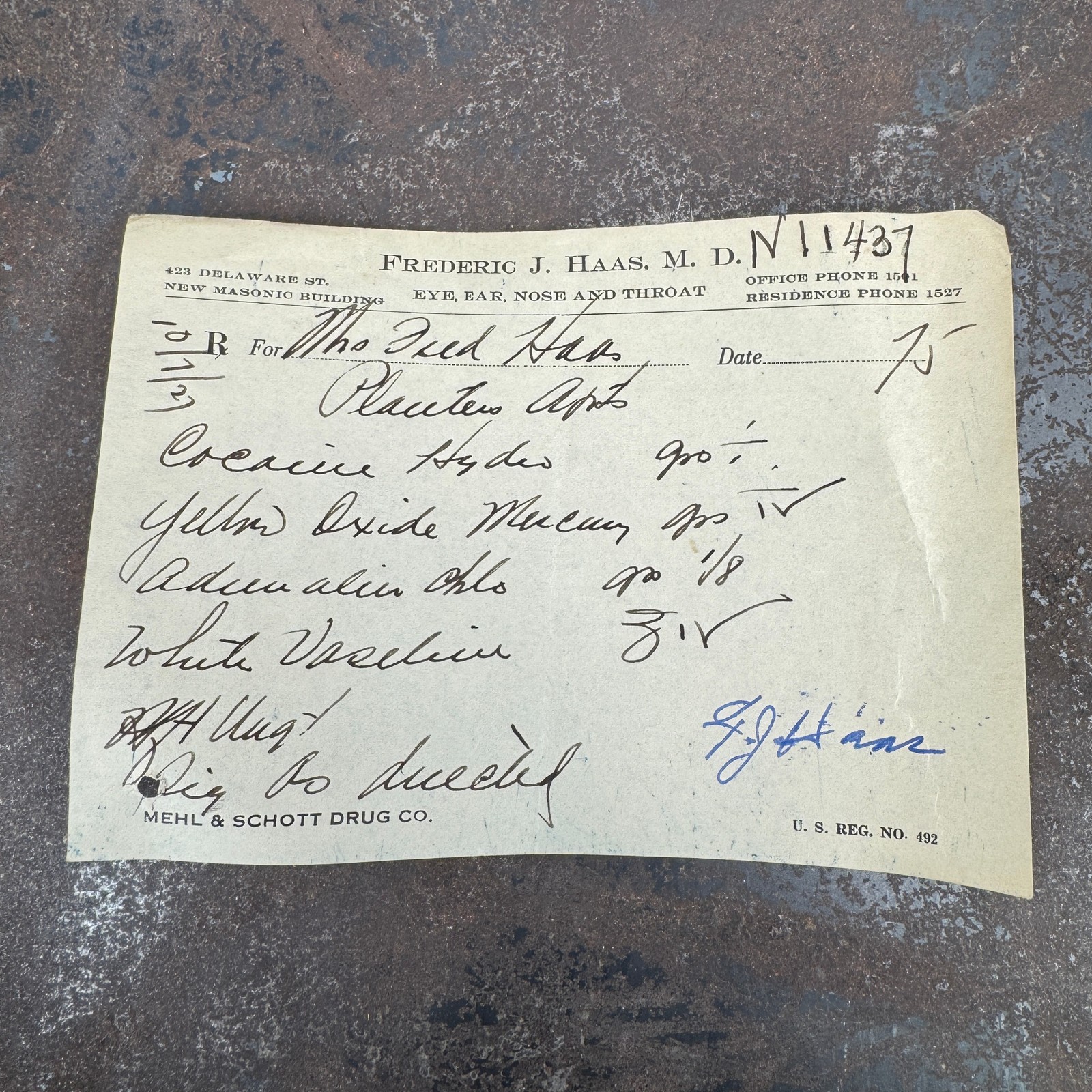 FREDERICK J HAAS MD Leavenworth Kansas Handwritten COCAINE Prescription 1927