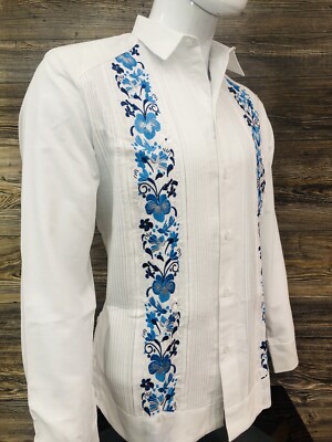 Mens Camisa Guayabera Elegant Wedding Shirt White With Blue Flower Embroidery | eBay Mens Camisa Guayabera Elegant Wedding Shirt White With Blue Flower Embroidery | eBay