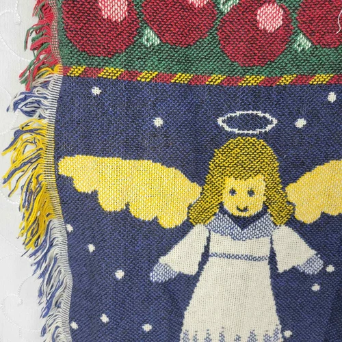 Vintage Crown Crafts Christmas Angel Woven Throw 62 x 50 Fringe Afghan Cotton