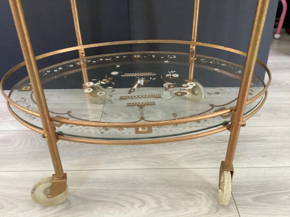 Vtg Gold Etch GlassRolling Bar Cart Tea Drinks Trolley Utility Wine Rack 60’s - Image 3 of 4
