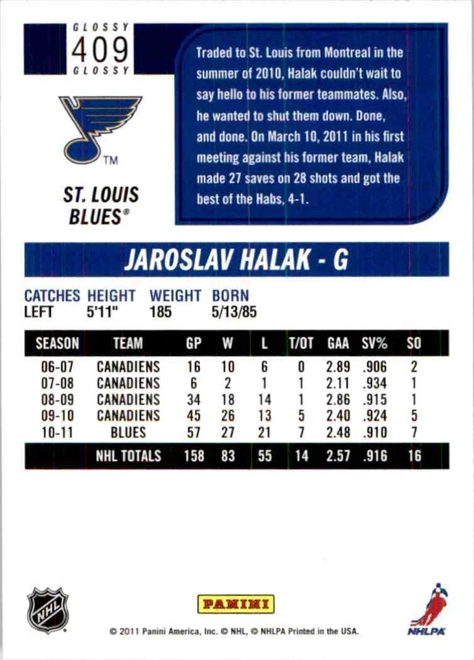2011-12 Score Glossy Jaroslav Halak #409 - Image 2 of 2